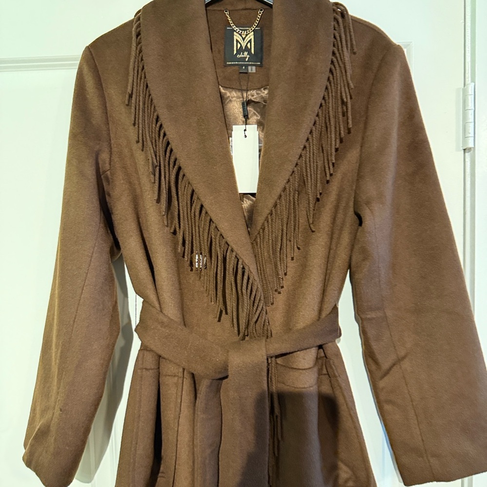 MILLY Wyatt Brown Wool Fringe Coat - Picture 6 of 7
